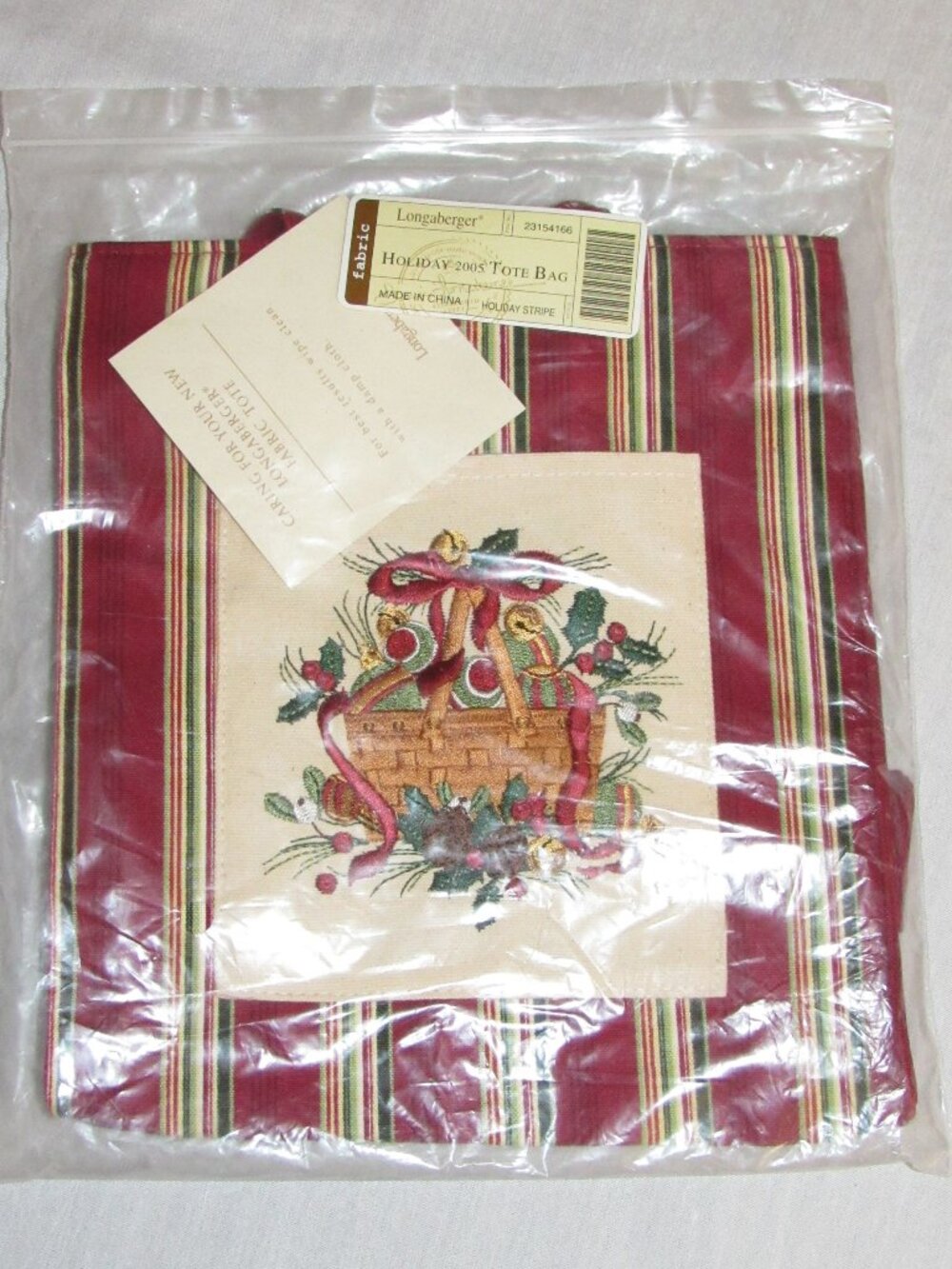 NEW Longaberger Holiday Stripe 2005 Tote Bag 23154166 Christmas Embroidered